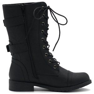 Ollio Women's Faux Leather Combat Ankle Boots